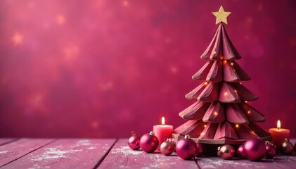 magenta colored wooden Christmas tree with candles and ornaments, festive, magenta, holiday