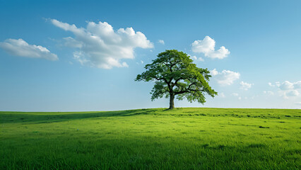 Obraz premium lonely tree on green hill with blue sky