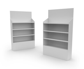 Supermarket Promotional Display Rack, Empty Product Display Shelf, PDQ Display Box With Two Different View, Floor Stand Display. 3D Render Illustration. 