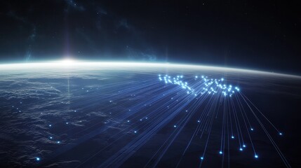 Obraz premium A cosmic web of luminous fiber-optic cables connecting planets, each glowing thread symbolizing an intergalactic internet connection .