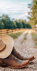 Cowboy boots and hat on rural road, trees background, country life imagery.