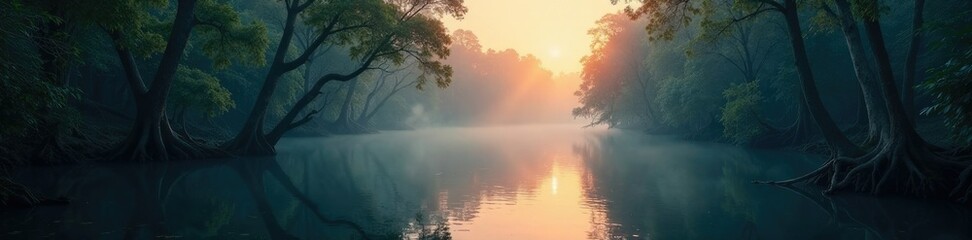 Mangrove forest at dusk with misty atmosphere, forest, mangrove