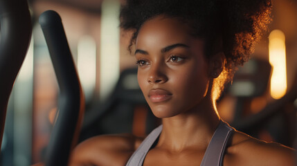 Fototapeta premium Woman working out on gym machines, focused expression, cool toned lighting.