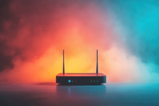 Vibrant technological innovation shines through colorful haze with a modern wireless router
