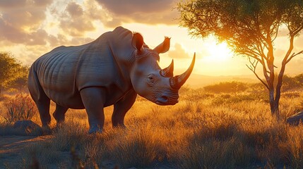Fototapeta premium Rhino sunset savanna Africa wildlife conservation (1)