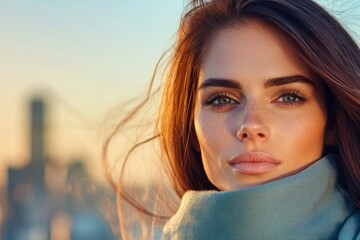 Fototapeta premium Stylish Woman With Freckles In A Scarf