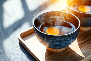 Warm spicy ginger broth in rustic bowl cozy kitchen setting enticing steam rising topdown view realistic presentation