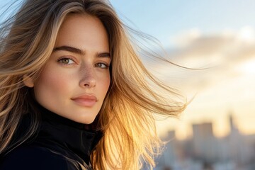 Fototapeta premium Elegant Woman With Flowing Hair Against Sunset Sky