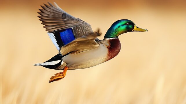 Mallard duck in flight over golden field, wildlife photography