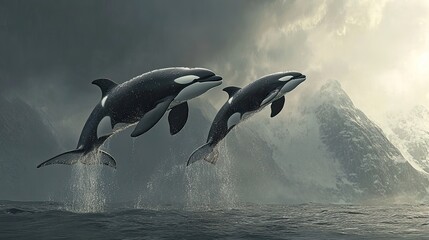 Fototapeta premium Orcas leaping, ocean, mountains, dramatic sky, wildlife