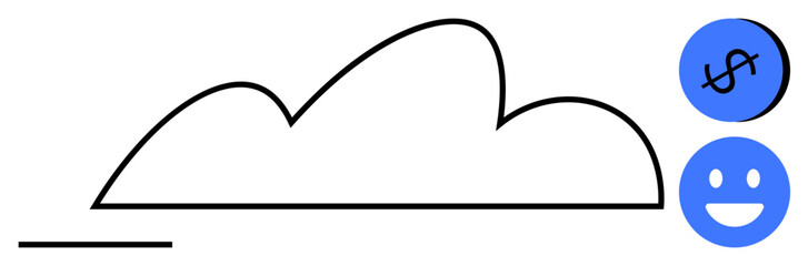 Black outline cloud with two blue circles featuring a dollar sign and a smiling face. Ideal for technology, financial growth, cloud services, prosperity, happiness, communication, modern solutions