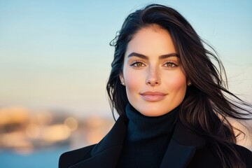 Fototapeta premium Elegant Woman With Flowing Hair Near Water