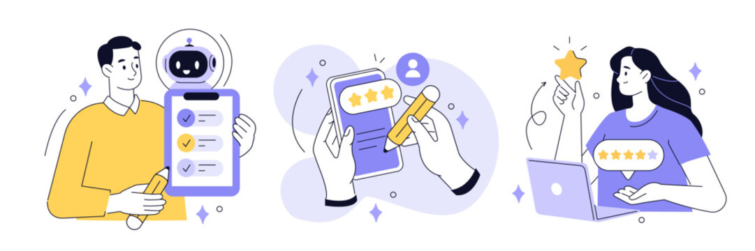 Feedback set. Characters give five stars review, write comment ratings, use artificial intelligence for customer satisfaction, quality, service analysis. User experience concept. Vector illustration.