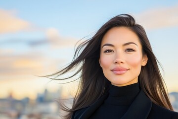 Elegant Woman With Flowing Hair Against Skyline