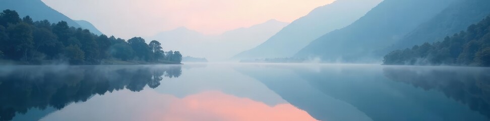 Fototapeta premium Reflections on the calm surface of Yamdrok Lake, landscape, fog, mist