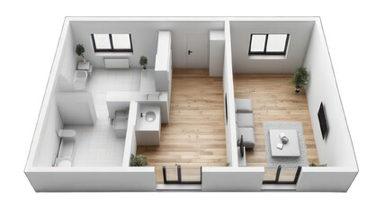 Aerial view of a modern minimalist apartment layout featuring a living room and kitchen area