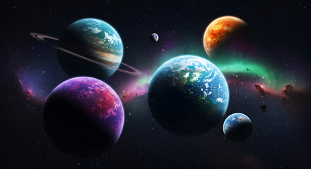 Planets in Deep Space Fantasy Scene with Aurora Borealis Effect