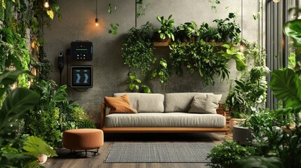 Fototapeta premium Smart garden room with automated watering systems, climate control, and connected sensors to monitor plant health and growth