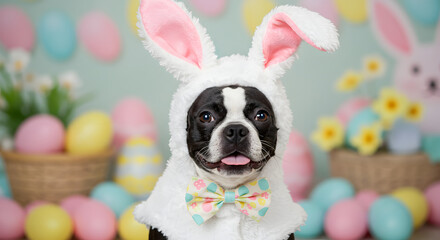 Cute Dog Wearing Easter Bunny Costume with Colorful Eggs Backdrop
