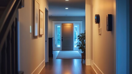 Smart home hallway with motion-detecting lights, a smart doorbell, and a connected security system for enhanced convenience and safety
