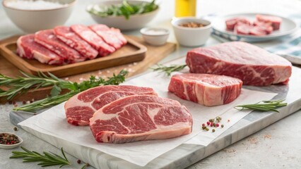 Fototapeta premium Fresh cuts of beef displayed on a marble countertop in a modern kitchen
