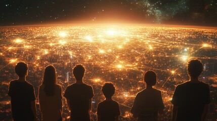A diverse group of people around the world devices, connected by a web of light, illustrating global communication, back view.