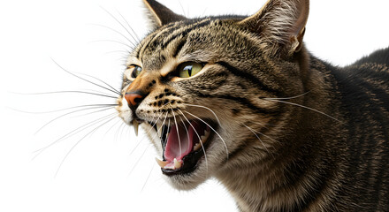 Angry Tabby Cat Hissing Showing Teeth on a White Background