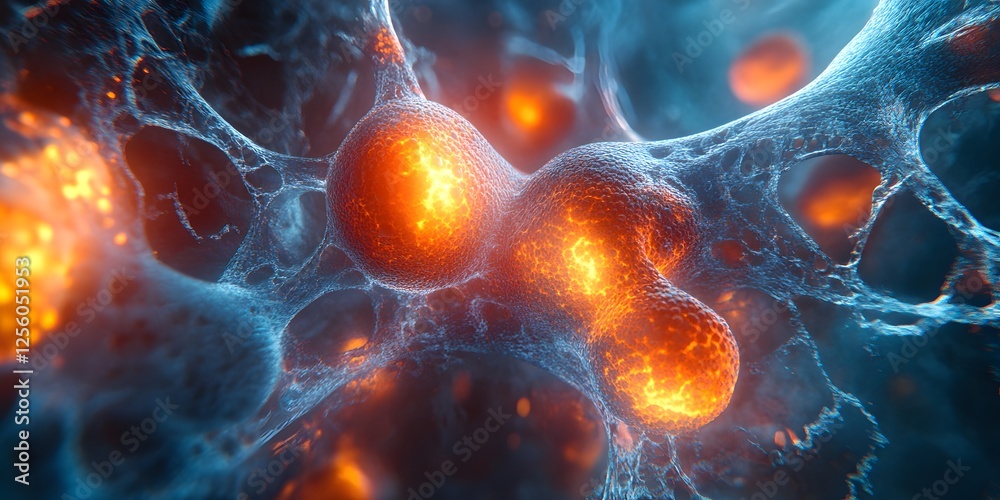 Poster intricate network of vibrant cells in a scientific microenvironment