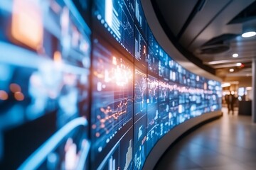 Curved data screen displays financial info; people walk in background; used for technology, finance, business