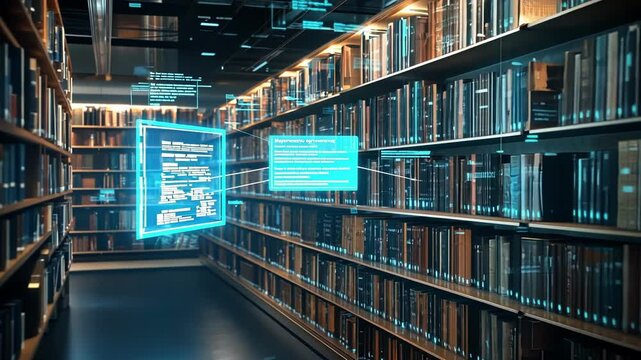 Glowing digital information and books floating through a virtual library, creating a futuristic concept of online education, e learning, and access to knowledge