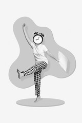 Vertical collage picture of excited black white colors girl clock bell ring instead head hand hold cushion dancing isolated on creative background
