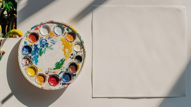 drawing palette filled with colorful paint, situated next to a blank drawing paper, illustrating the mental development process of visual expression awaiting artistic form. [Art]:[Mental Development] 
