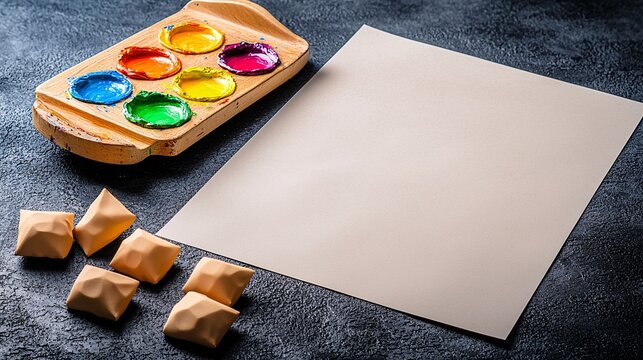 drawing palette filled with colorful paint, situated next to a blank drawing paper, illustrating the mental development process of visual expression awaiting artistic form. [Art]:[Mental Development] 