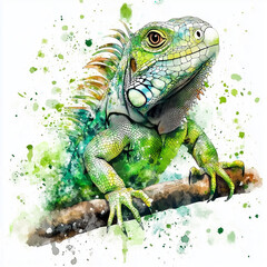 Naklejka premium Illustration of Common Green Iguana sitting on the branch, soft watercolor tones, white background, detailed illustration, cartoonish.