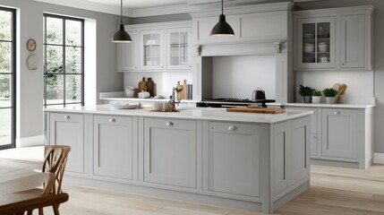 Sophisticated kitchen with light grey cabinetry, white countertops, and minimalist decor for a chic and timeless look