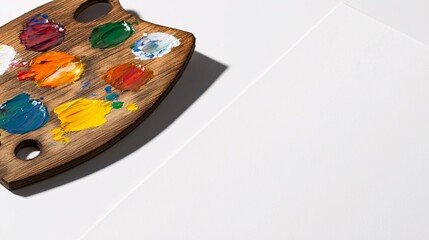 Fototapeta premium close-up of a wooden drawing palette with dabs of vibrant paint, placed beside a blank sheet of drawing paper, isolated on a clean white background [Art]:[Mental Development] Drawing Palette, 
