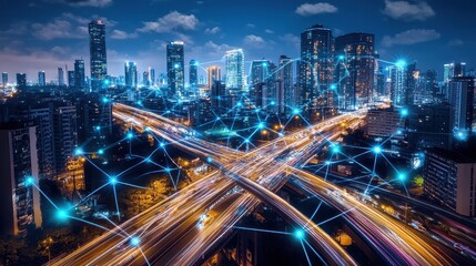 Fototapeta premium A futuristic cityscape where skyscrapers are linked by luminous digital bridges, representing a networked urban environment.