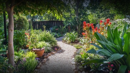 Obraz premium A lush garden with a winding stone path, surrounded by various tropical plants and trees, creating a serene and inviting atmosphere. The garden features vibrant flowers and dense greenery, making it a