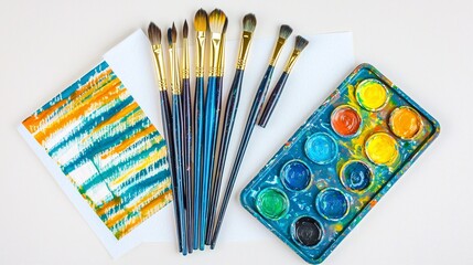 Naklejka premium flat lay of a drawing palette, a set of paintbrushes, and a sheet of drawing paper with abstract strokes, representing creativity and mental development, isolated on white [Art]:[Mental Development] 