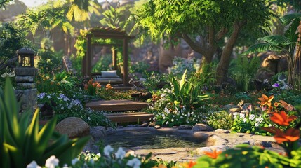 Obraz premium A lush garden with a winding stone path, surrounded by various tropical plants and trees, creating a serene and inviting atmosphere. The garden features vibrant flowers and dense greenery, making it a