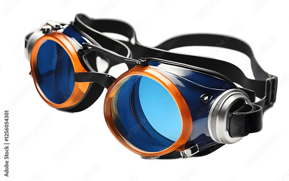Poster a pair of stylish swimming goggles with anti-fog lenses, isolated on a empty plain background