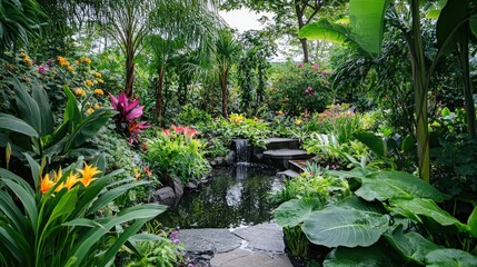 A lush garden with a winding stone path, surrounded by various tropical plants and trees, creating a serene and inviting atmosphere. The garden features vibrant flowers and dense greenery, making it a