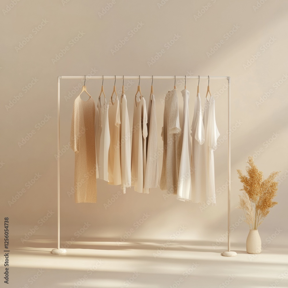 Poster minimalist clothing rack displaying neatly arranged garments in soft neutral tones against a light b