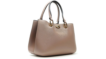 A tan purse with gold accents sits on a white background