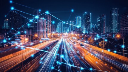 A futuristic cityscape where skyscrapers are linked by luminous digital bridges, representing a networked urban environment.