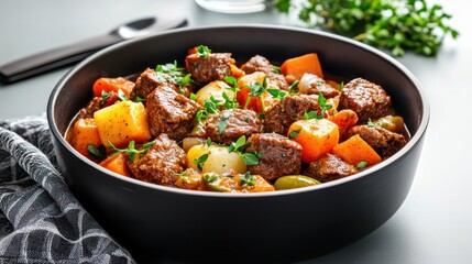 Vegan stew simmering in a cozy kitchen closeup view of ingredients highlighted in soft light