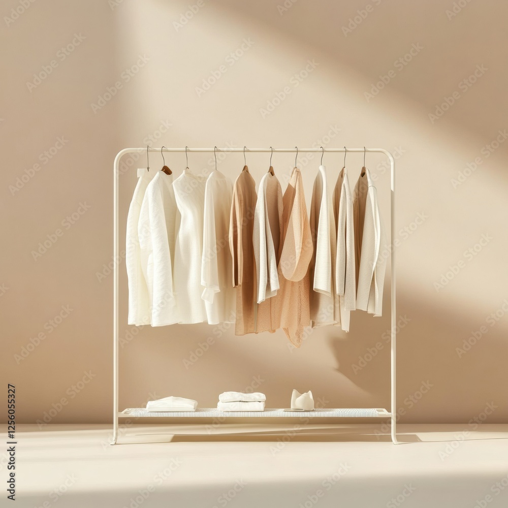 Poster minimalist clothing rack showcasing neatly arranged garments in soft tones. generative ai