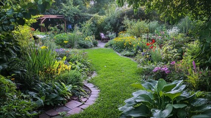 A lush garden with a winding stone path, surrounded by various tropical plants and trees, creating a serene and inviting atmosphere. The garden features vibrant flowers and dense greenery, making it a