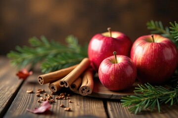 warm and cozy autumn scene with red apples, cinnamon sticks, and fir branches on a natural wood table, red apples, fir branches,