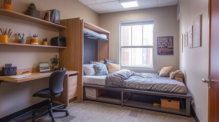 Space-efficient studio for students with a Murphy bed, wall-mounted shelves, and a foldable desk to keep the room flexible